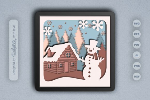 Winter Branding with Snowman Winter Cabin 3D SVG